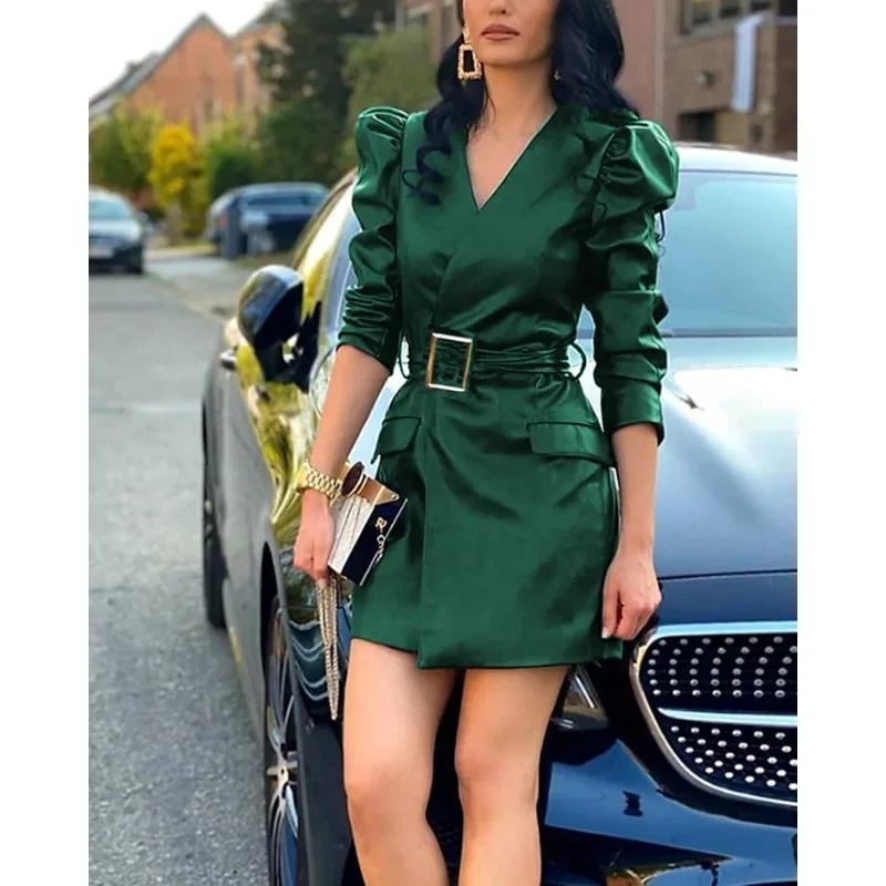 

V-neck Long Puff Sleeve Slim Fit Dress Wepbel PU Leather Dress Women Containing Belt High Waist Office Lady Mini PU Dress