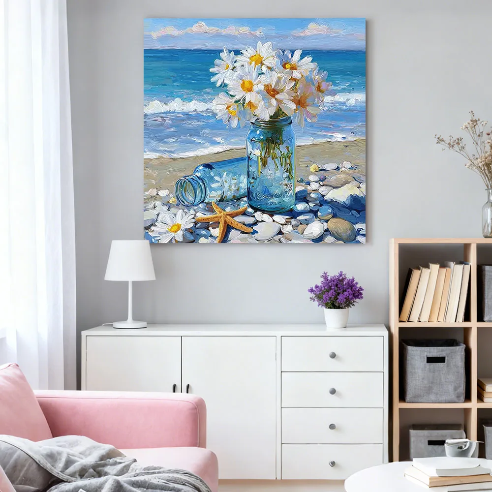 HUACAN Diamond Painting Daisy Flower Diamond Mosaic Art Kits Seaside Beach Handmade Home Wall Art Decoration view 3