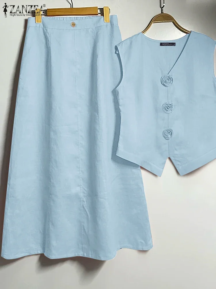 

ZANZEA, классические костюмы, женские винтажные топы без рукавов, длинные юбки трапециевидной формы, комплекты 2021, элегантный одинаковый комплект, летние повседневные однотонные наряды