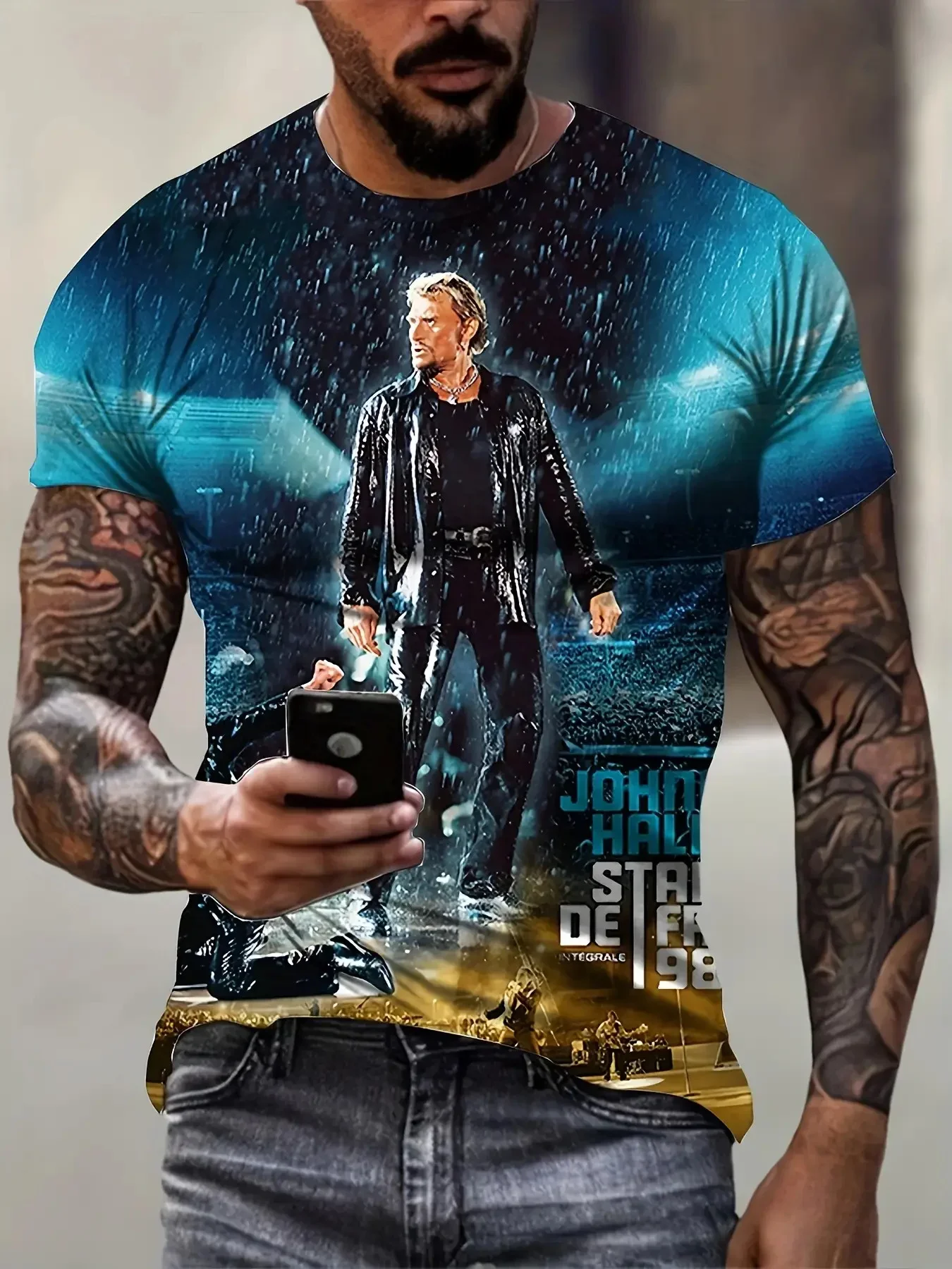 Men'S & Women'S Johnny Hallyday Vintage Rock Tee - Retro 3D Graphic T-Shirt with Stage Performance Print, Casual Streetwear