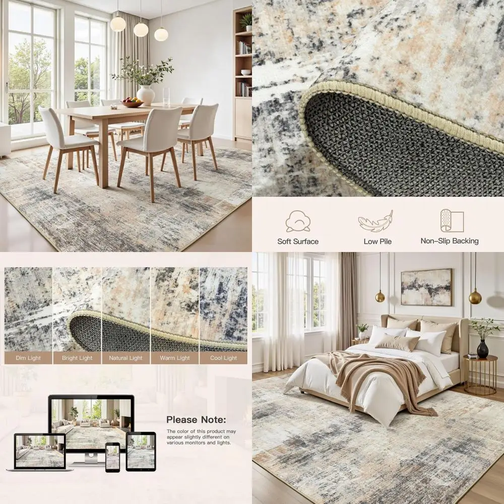 

Золотой абстрактный ковер 8x10 с нескользящей подложкой, современный нейтральный коврик для гостиной, спальни, столовой и офиса