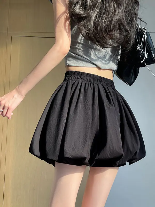 White Pleated Flower Bud Skirt Women's High Waist Anti-Light A-Line Fluffy Pants Skirt Korean Style Commute Vintage