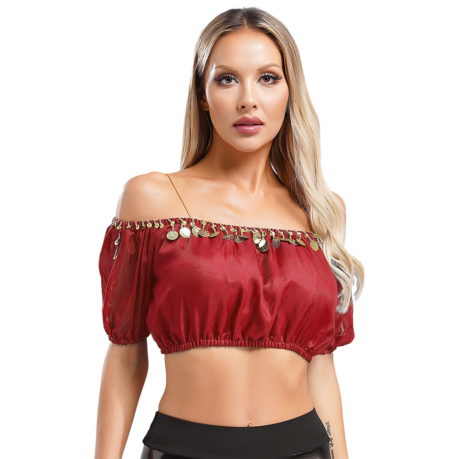 Women Shiny Sequins Coin Belly Dance Costume Top Slash Neck Puff Short Sleeve Crop Tops Party Club Performance Dancewear