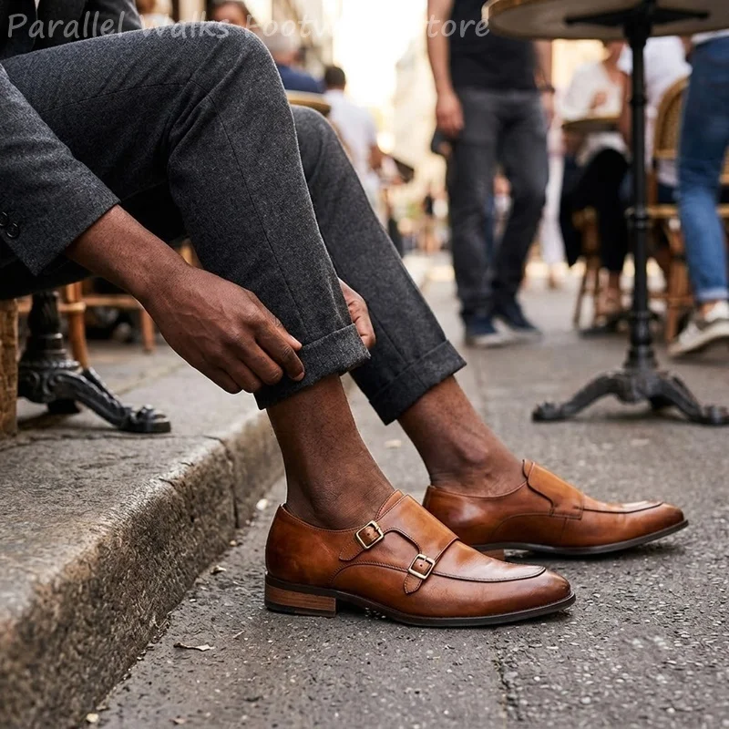 Men Double Buckle Loafers Vintage Slip On Dress Shoes Classic Formal Oxfords Business Casual Office Party Footwear Shoes For Men