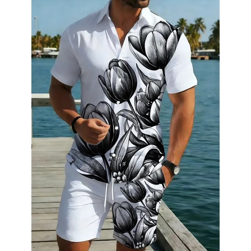 Mens White Floral Print Shirt and Shorts Set Lightweight Beach Outfit with Matching Bottom for Vacation Resort Pool Party Summer