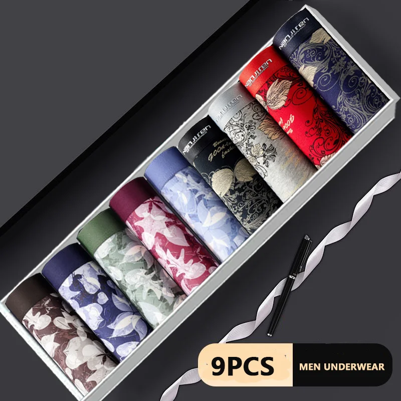 9 Pieces 2025 Men Panties Polyester Underwear Male Boxer Underwear For Homme Lot Luxury Set Sexy Shorts Brief Gift Plus Size