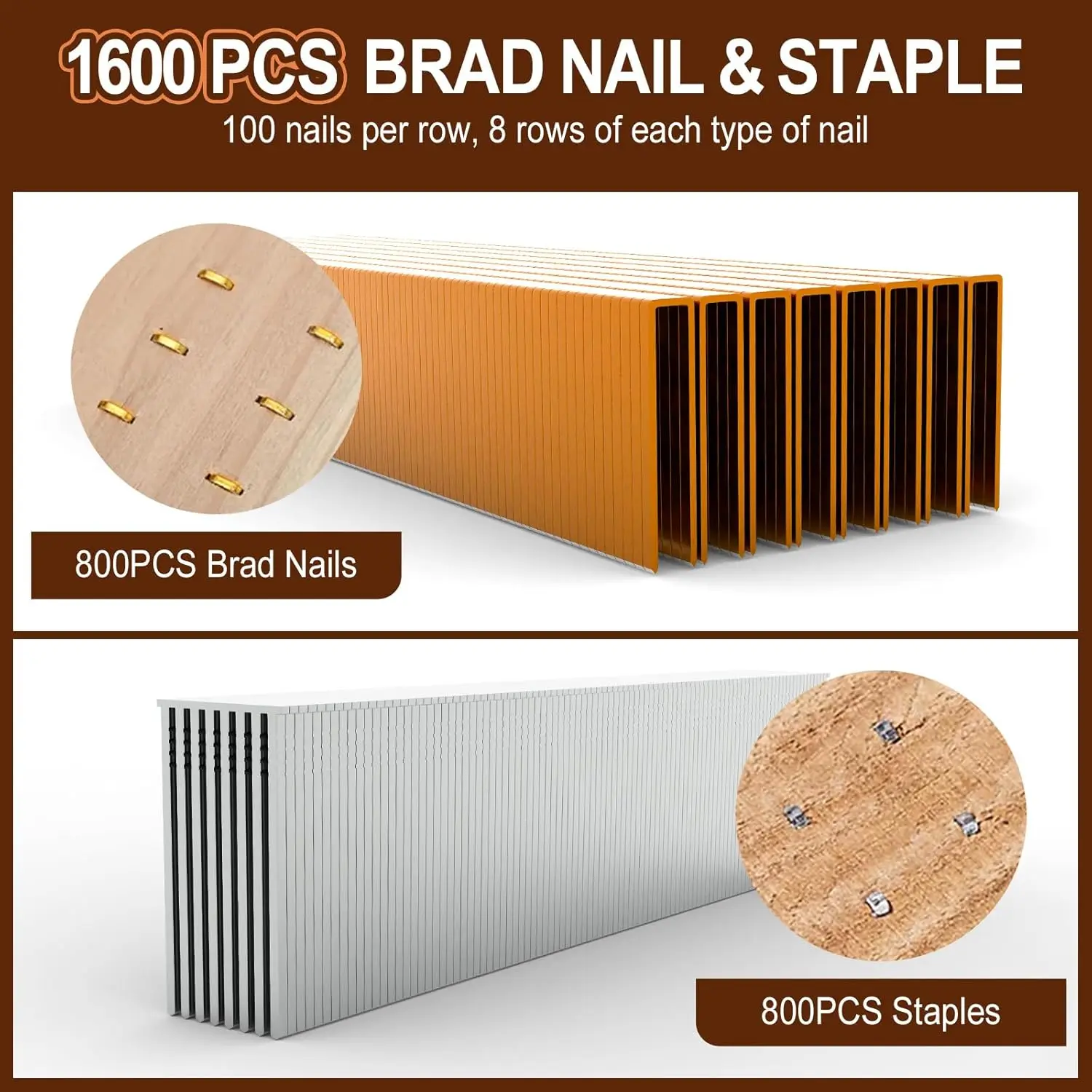 18 Gauge Brad Nails, 800 Brad Nails + 800 Staples (F32+ 425K) For Nail Gun