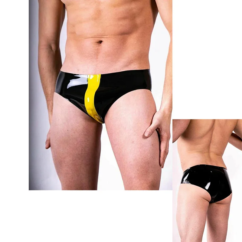 Latex Shorts Rubber Briefs with Yellow Trims Panties Underwear Pants Party Club Wear Male Costume Handmade ( No Zip)
