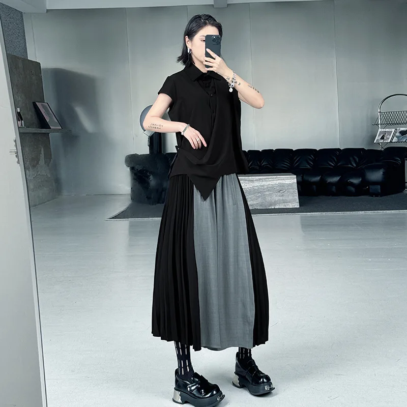 Women Pleated Pant Spliced Capris Color Block Empire Elastic Waist Wide Leg Pant Loose High Strech Streetwear Casual 2025 Autumn