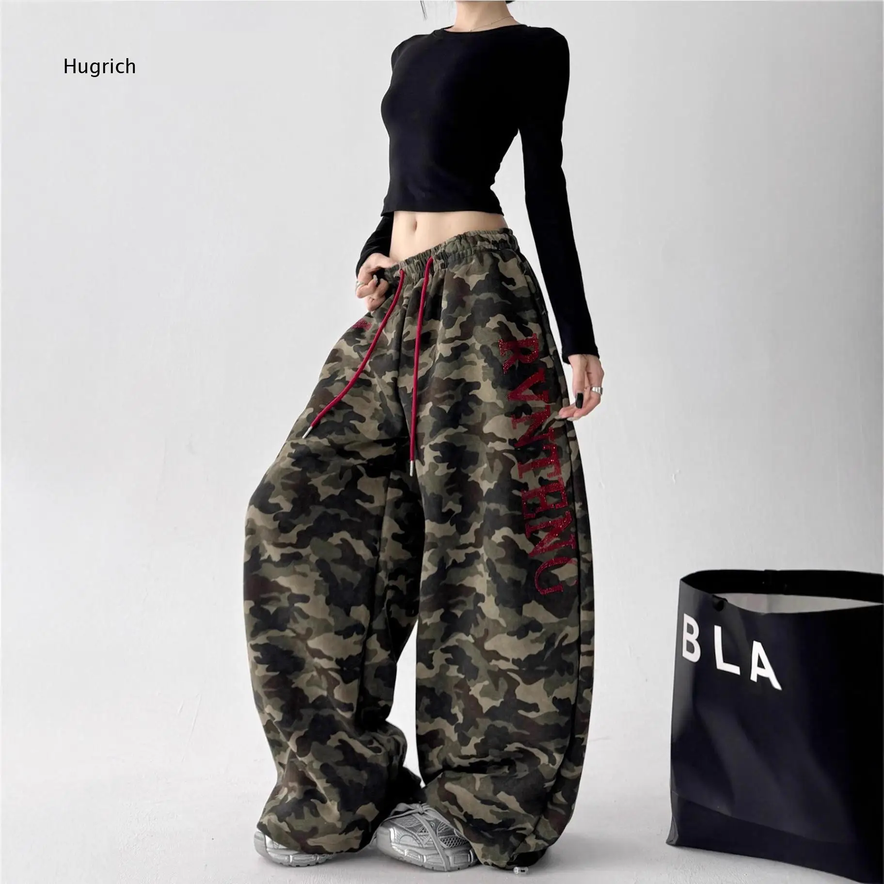 Camo Print Oversized Wide Leg Trouser Adjustable Red Drawstring Waist Rhinestone Embellished Side Letter Casual Sweatpants