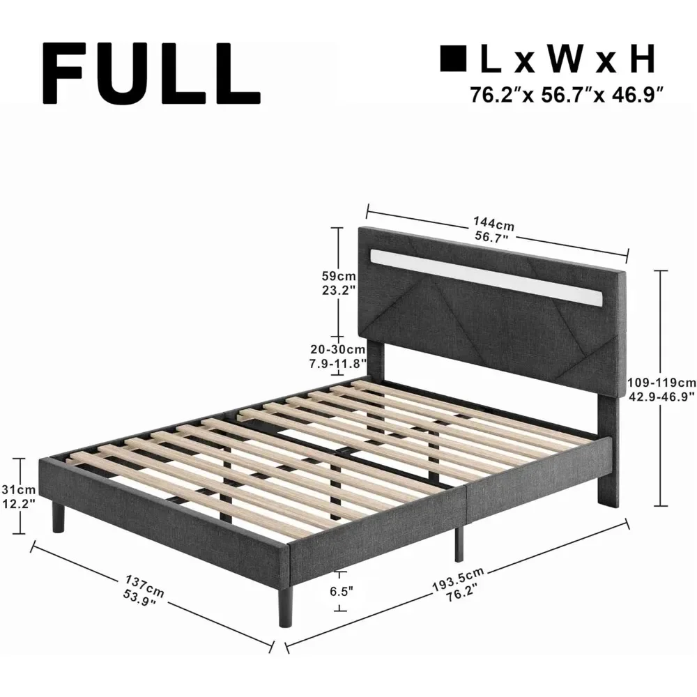 Full bed frame with LED light (smart APP control), padded platform bed frame, no spring box required/no noise/easy assembly