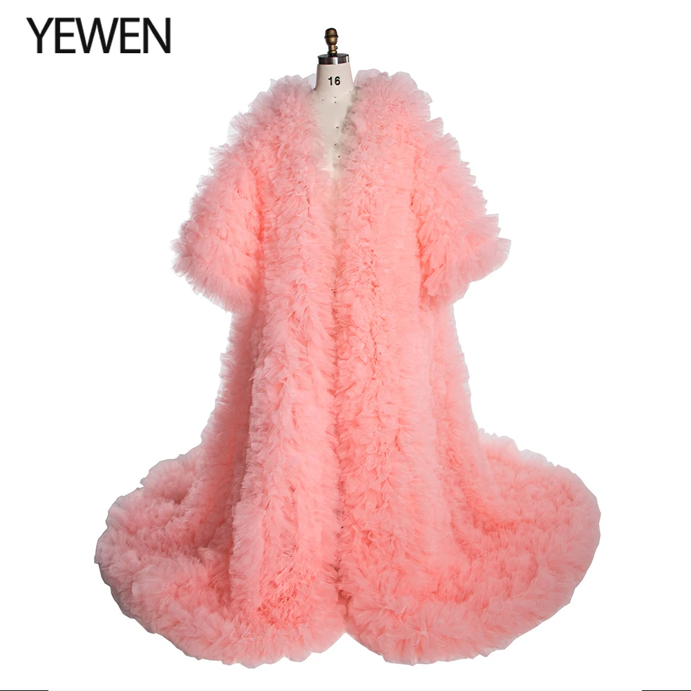 Fluffy Tiered Tulle Long Women Jacket Lush And Long Full Sleeves Cape Vest Outfit Female Outwear Coat YW243157