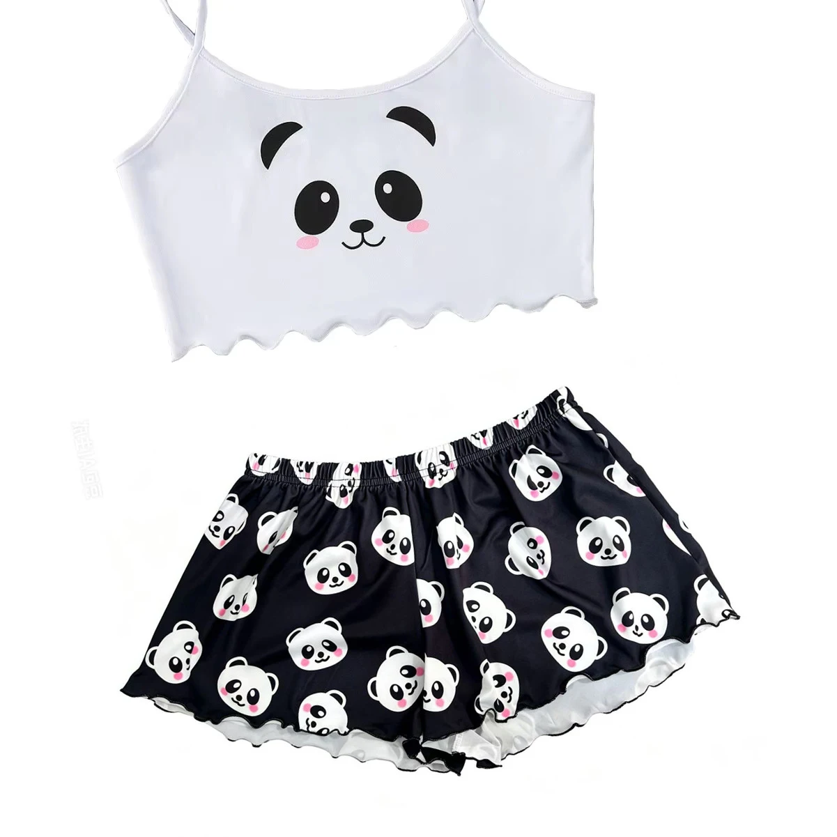 Sommer-Schlafanzug für Damen, 2-teilig, Niedlicher Weicher Bequemer Panda-Druck, Sexy Ärmelloses Top und Shorts, Homewear Pyjama-Set Loungewear – Detail 3