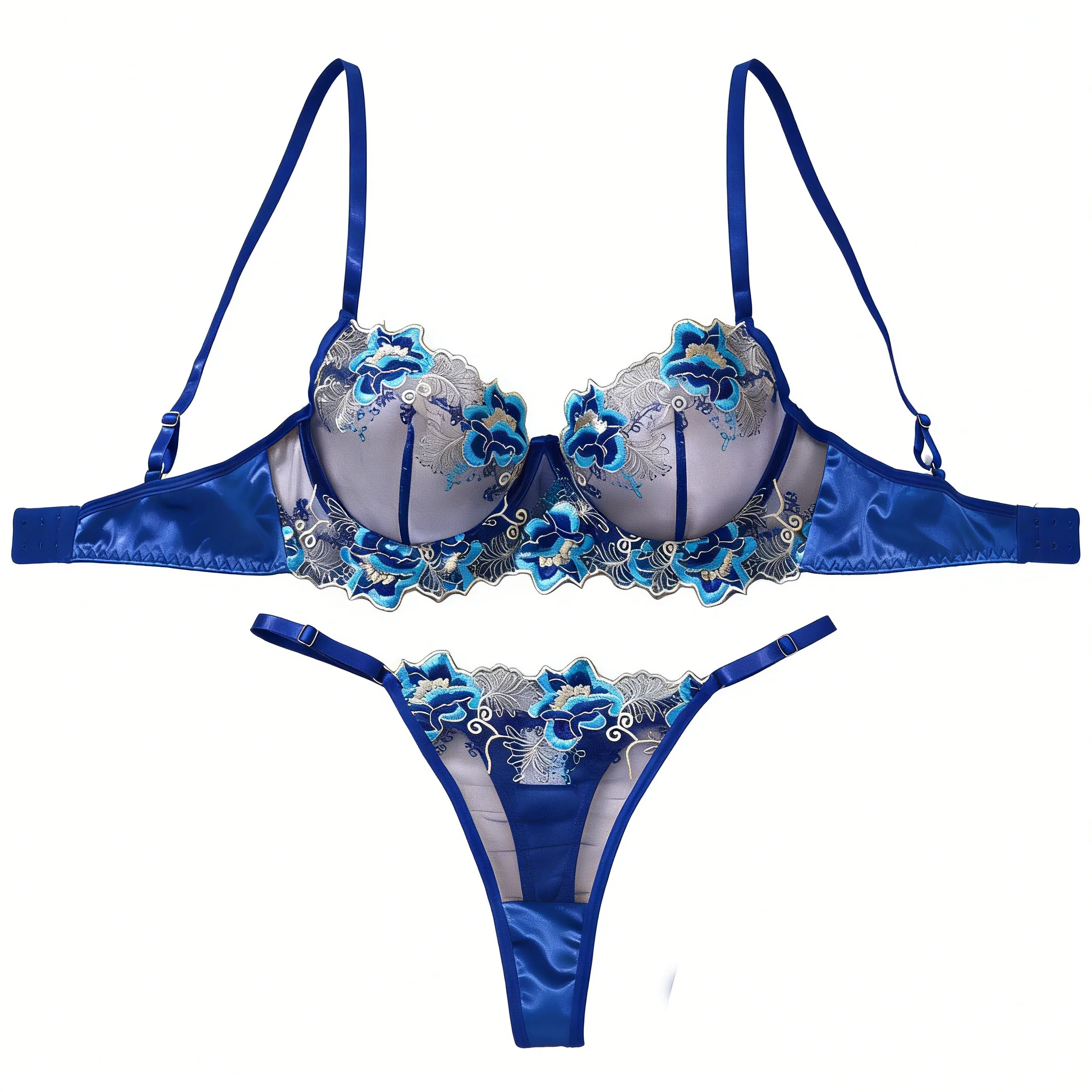 A Set of Sexy Blue Lingerie, Featuring Floral Patterns, Combining Charm and Sexiness ZA825146