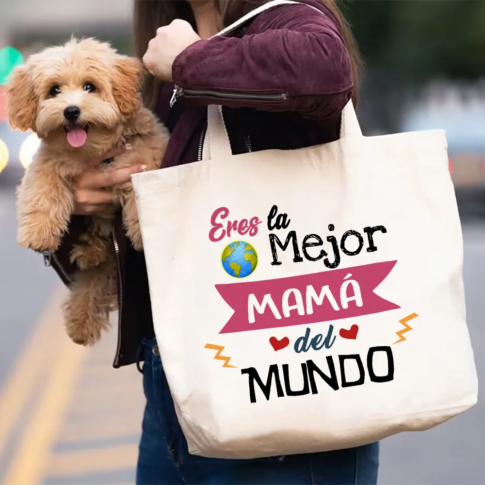 Best Mom in The World Spanish Printed Women Tote Bag Canvas Shopping Bags Female Shoulder Bag Mothers Day Birthday Gift for Mama