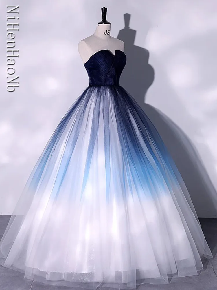 Vestidos de quinceañera azul degradado para mujer, sin tirantes, elegante vestido de fiesta con cordones, verano 2023