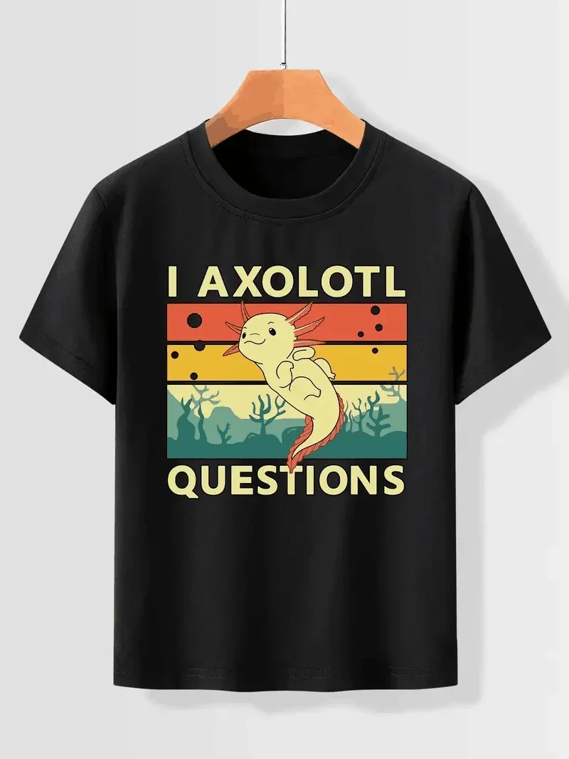 Cute Cartoon Axolotl Print Boys Creative T-shirt Casual Lightweight Comfy Short Sleeve Crew Neck Tee Tops Kids Clothings