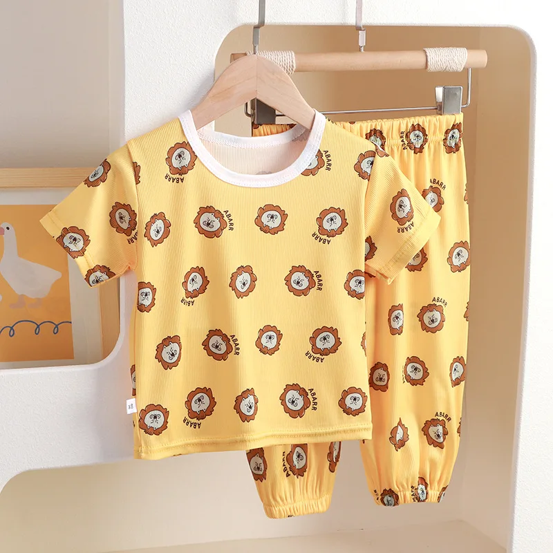 New 2024 Boys Girls Cute Cartoon Short Sleeve T-Shirt Tops + Pants Kids Summer Thin Clothing Sets Baby Casual Pajamas Loungewear