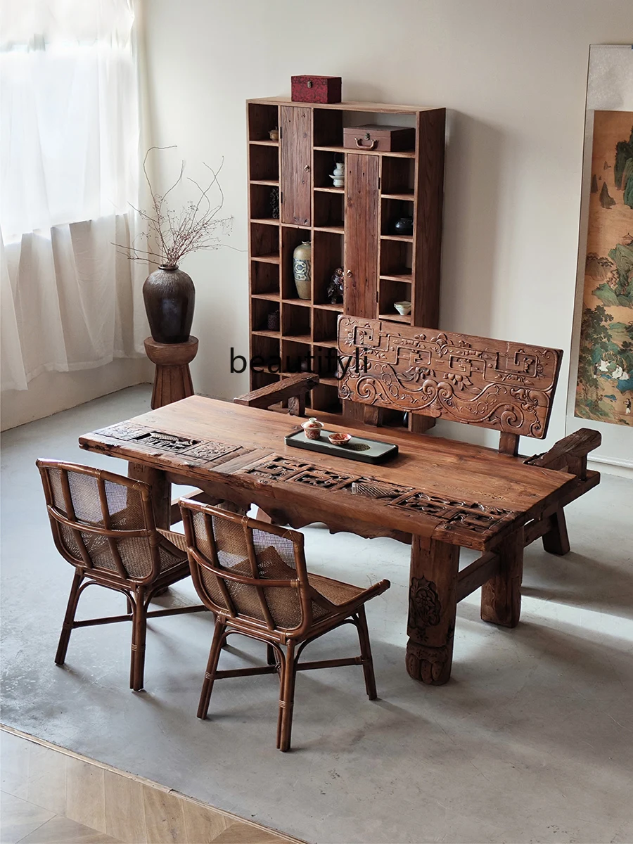 Tea table and chair combination carved tea table old elm door custom designer homestay weathered old wooden table