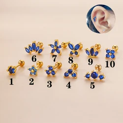 1 Piece 99% Pure Titanium Metal Earring Tanzania Blue Zircon Stud Earrings FOR Women No Easy Fade Allergy Piercing Jewelry GIFT