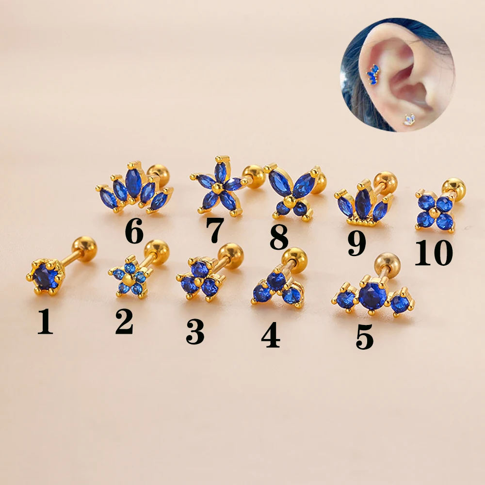 1 Piece 99% Pure Titanium Metal Earring Tanzania Blue Zircon Stud Earrings FOR Women No Easy Fade Allergy Piercing Jewelry GIFT