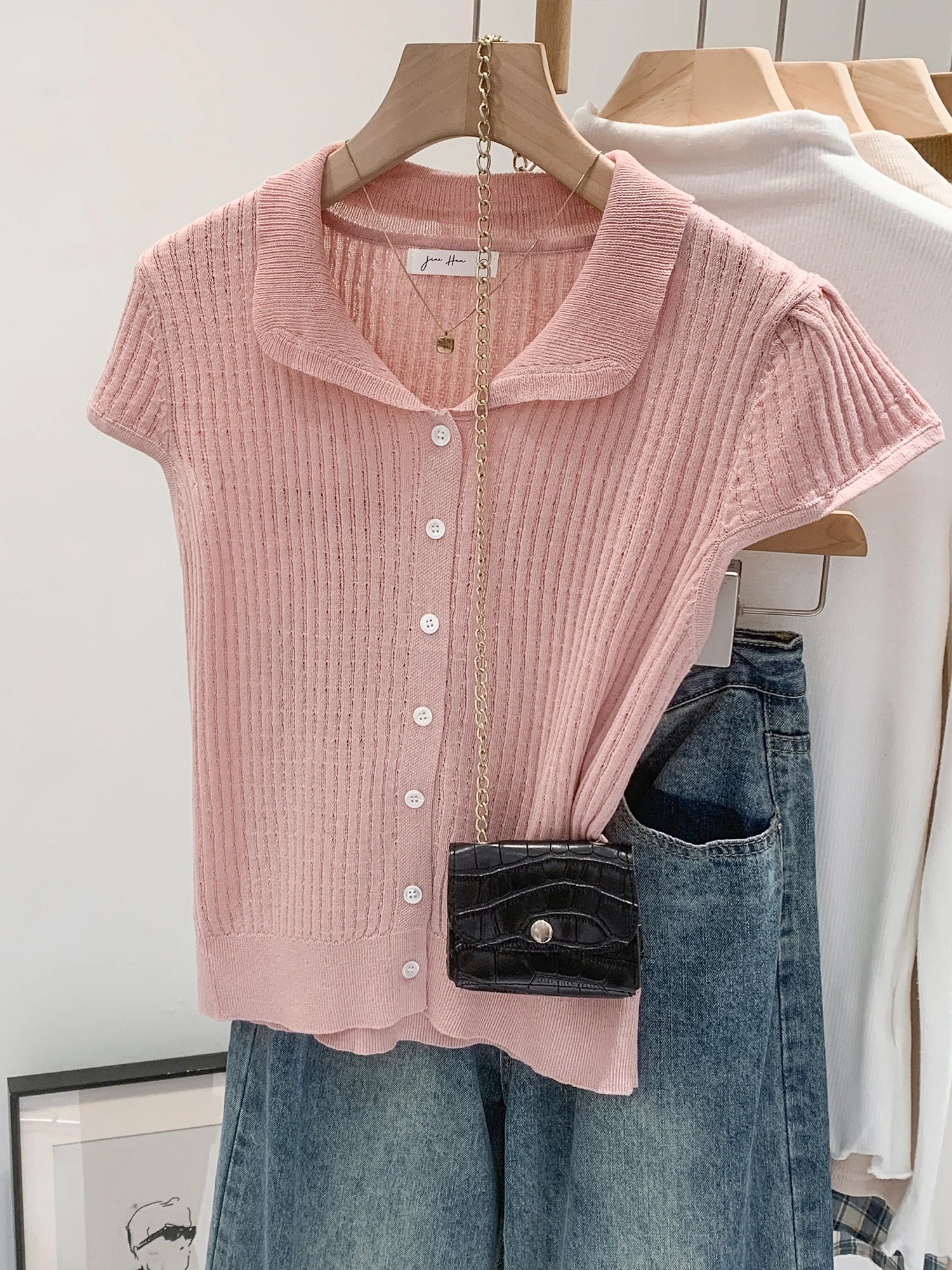 Unique Beautiful Thin Shoulder Flip Collar Knitted Short Sleeve Women's Summer 2026 New Elegant Small Outer Cover Shirt Open ...