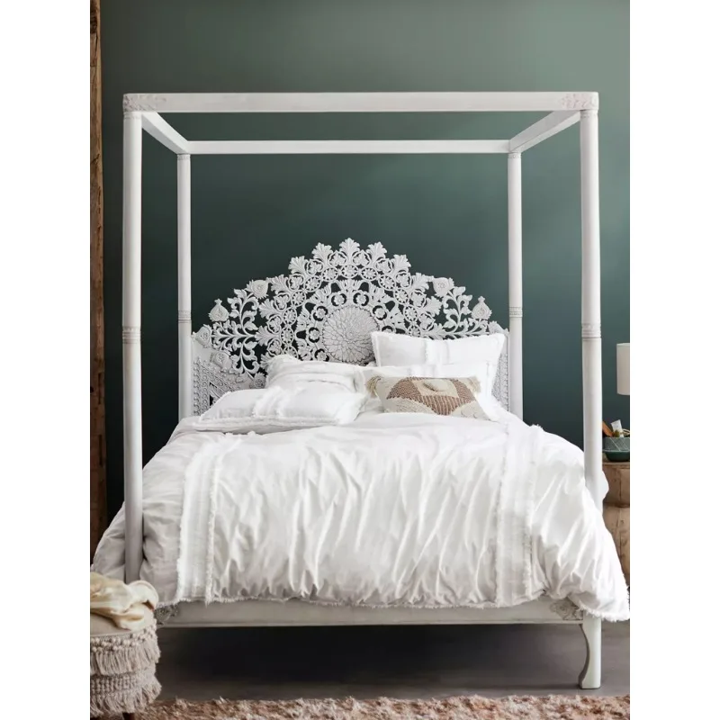 

Hollow carved full solid wood bed South East Asia retro carved shelf bed Bohemian style antique bed furniture