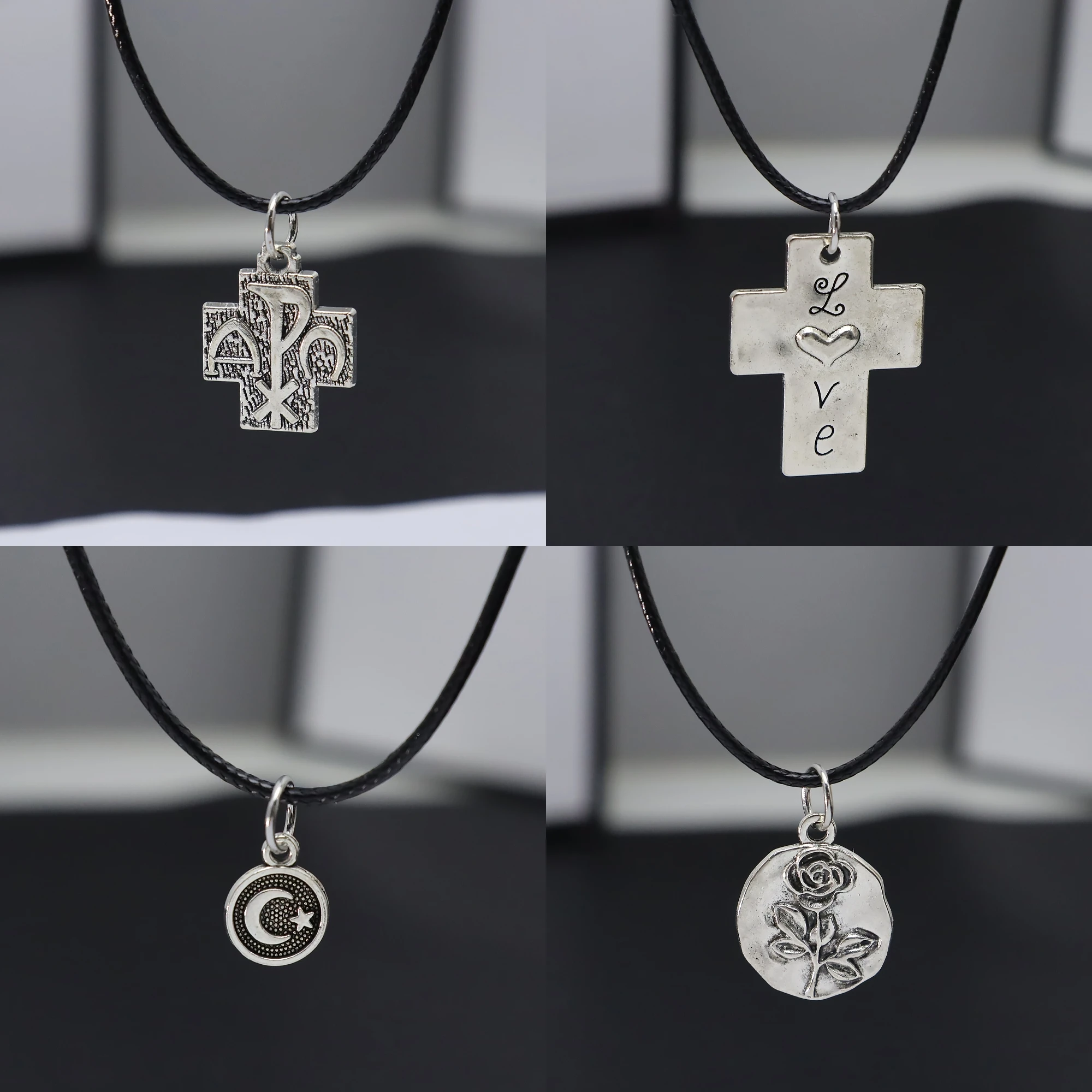 Multi Style Love Cross Rose Flower Moon Star Chi-Rho Cross Black Rope Chain Religious Witchy Women Accessories