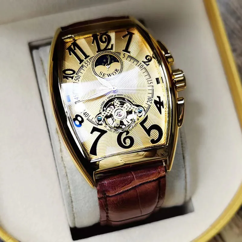 Luxo Relógio Mecânico Automático para Homens Relógio De Pulso Tourbillon Esqueleto Relógio De Pulso Tonneau Caso Masculino Top Luminoso Relógio De