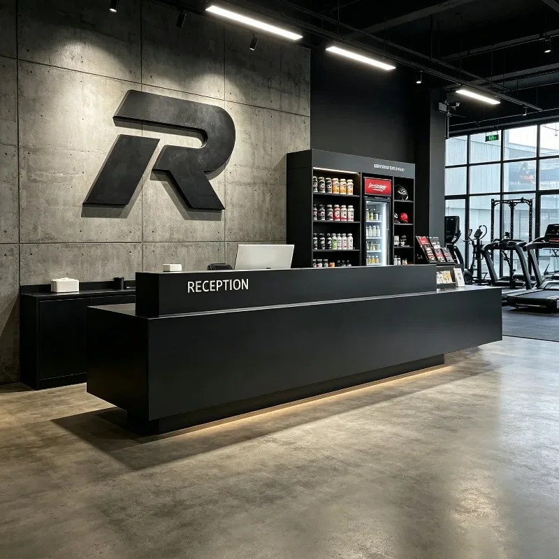 Industrial style gym bar checkout page Light luxury high-end homestay company office front desk reception