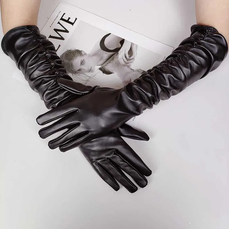 Winter Women PU Leather Pleated Pile Sleeve Touch Screen Gloves Sexy Silk Lining 50cm Long Full Finger Warm Driving Mitten K52