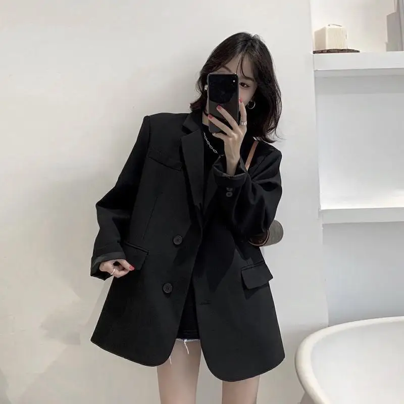 Musim Semi Musim Panas Tipis Longgar Wanita Kantor Modis Warna Solid Blazer Kancing Kantong Berlekuk Pakaian Wanita Lengan Panjang Manis