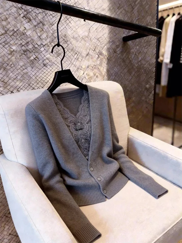 Sexy Lace Splice Grey Knitted Sweater Women's Autumn New High-End Sense Layering Base-Quality Top Winter Fashion Soft Knitwear