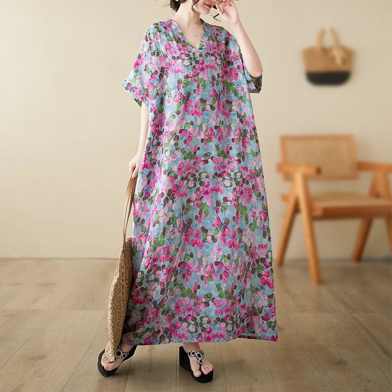 

Large Size Cotton Linen V-Neck Summer Dress Vintage Loose Straight Cut Skirt Elegant Casual Women's Fashion 2026