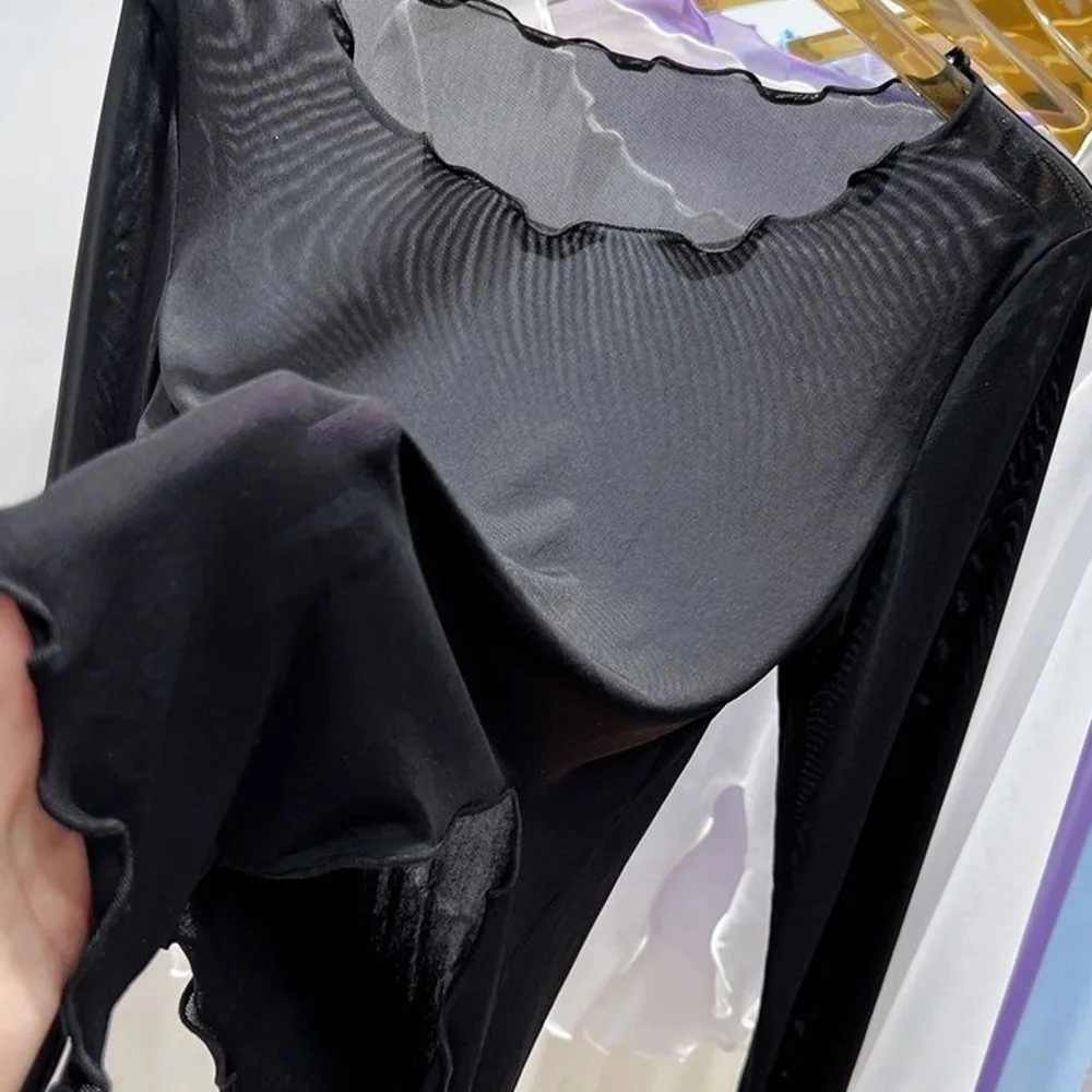 الجليد الحرير شبكة أسفل بلوزة للنساء ملابس الصيف واقية من الشمس بأكمام طويلة تي شيرت الخارجية هالة حافة مثير تول منظور #3