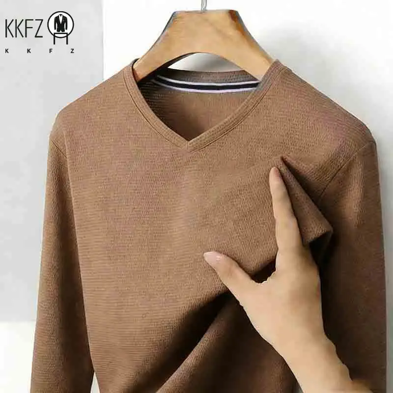 Men's Camel V-neck Long Sleeve Tee Slim Fit Soft Knit Pullover Spring & Autumn Shirt