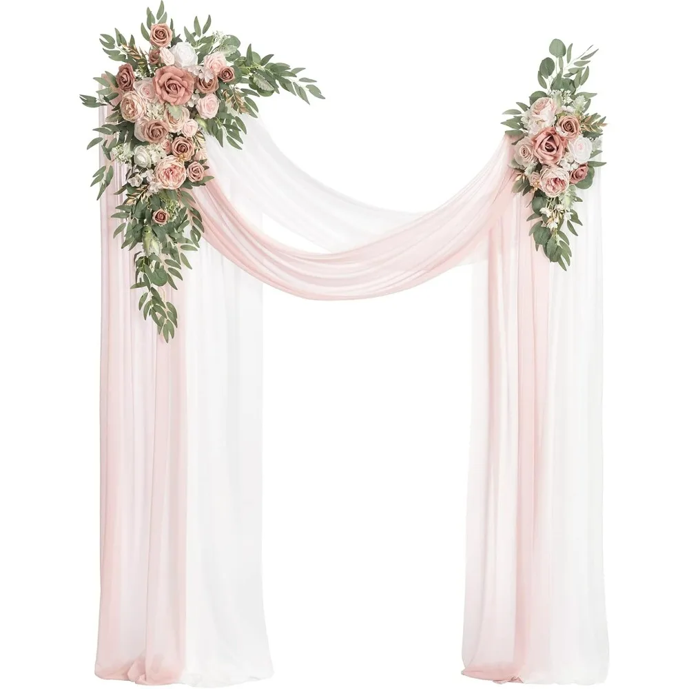 

White Pink Artificial Wedding Arch Flowers Kit Pack of 4, 2pcs Hanging Flower Arrangement 2pcs Chiffon Drapes