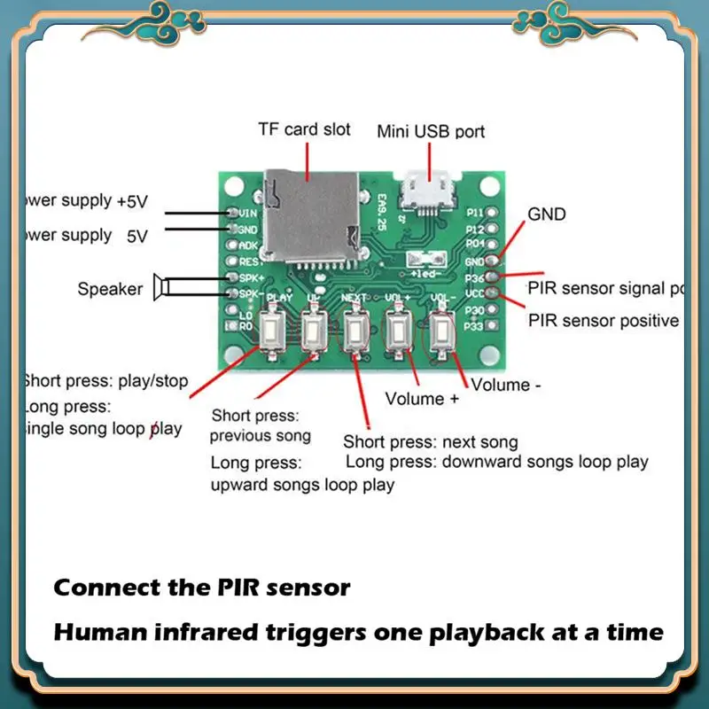 (جديد) - مجموعة تشغيل صوت موسيقى MP3 DIY مع وحدة تسجيل الصوت بمستشعر PIR، تنزيل USB يدعم بطاقة TF
