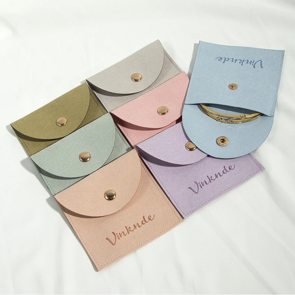 100Pcs/Lot Customized Logo Round Snap Button Velvet Suede Bag Jewelry Pouches Small Packaging Microfiber Ring Gift Storage Bag