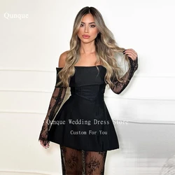 Qunque Black Satin Prom Dresses Off The Shoulder Lace Sleeves Mini Corset Birthday Dress Women Customized Avond Jurk Celebrity