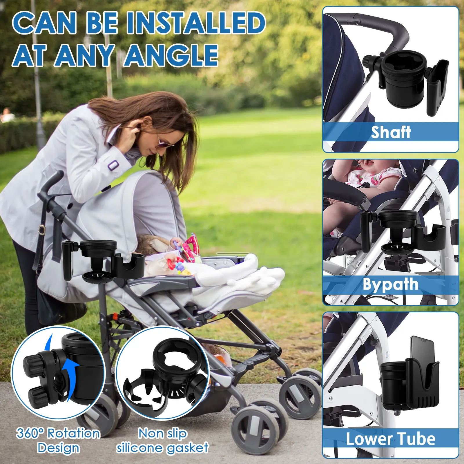 3 In 1 Baby Stroller Cup Holder Adjustable 360° Rotation Phone Drink Milk Bottle Holderfor Universal Pram Wheelchair Accessoris