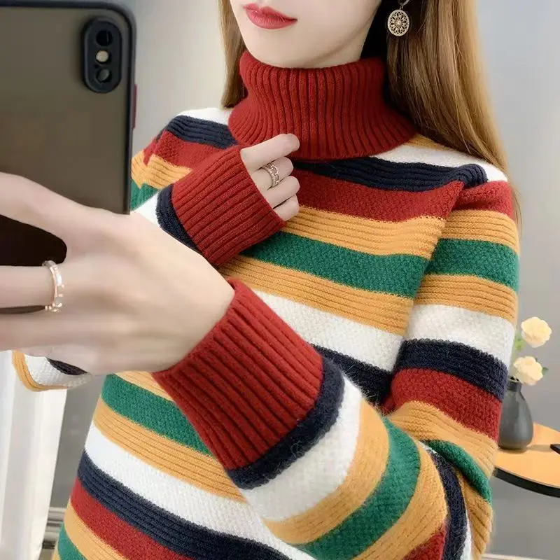 

Fashion Turtleneck Korean Color Striped Sweaters Female Clothing 2023 Winter Loose All-match Pullovers Knitted Casual Tops