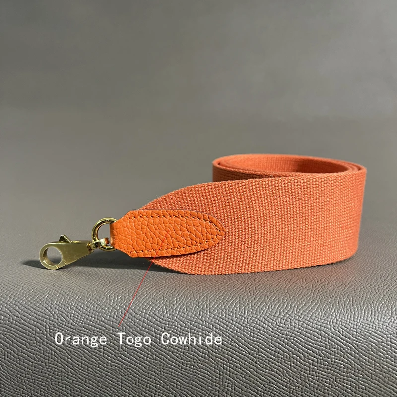 Orange Togo Cowhide 5cm Wide Canvas belt Steel Buckle Genuine Leather Hand Sewn Suitable For Kelly Bags, Shoulder Straps