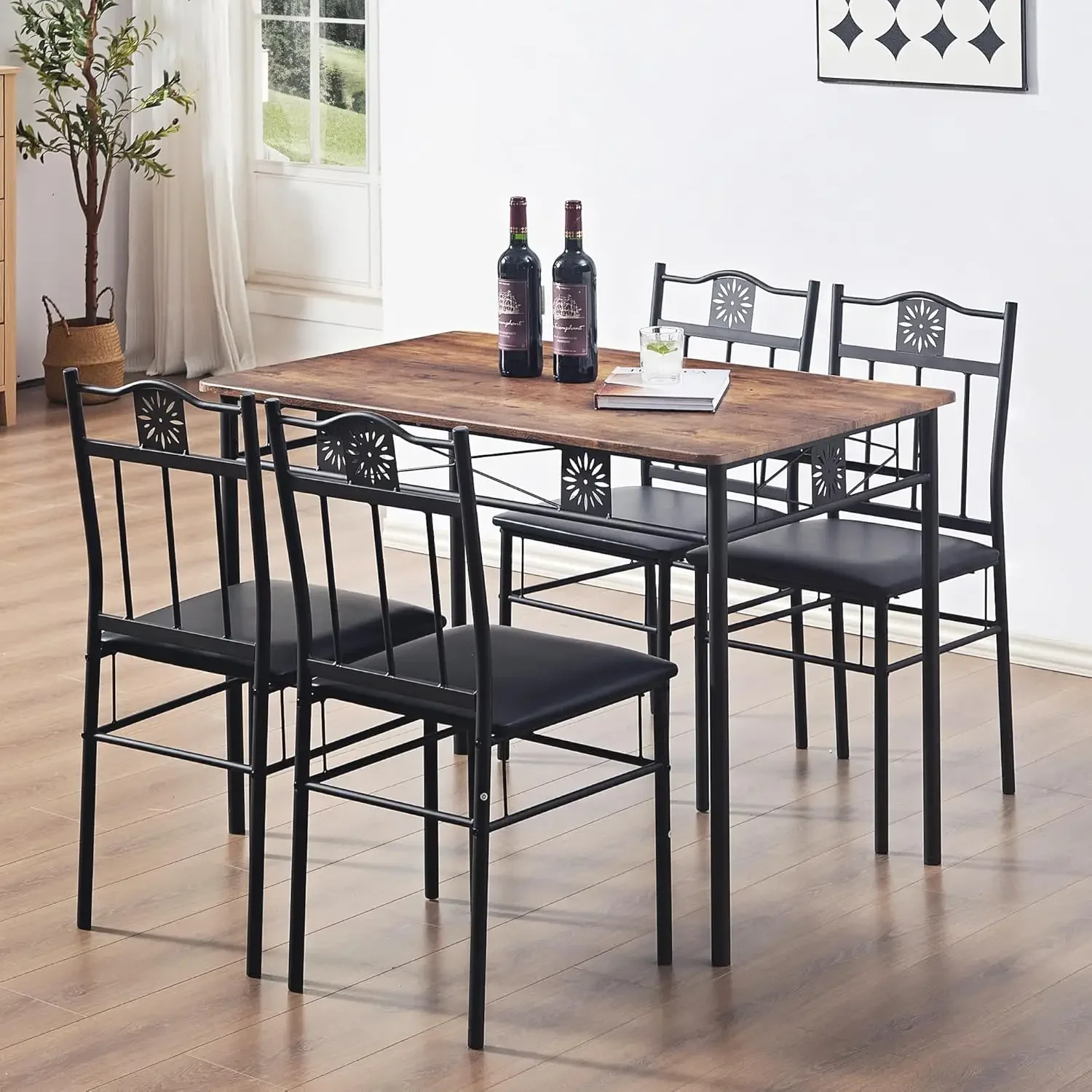 Conjuntos de mesa de quarto para 4, ângulo de café da manhã retangular de metal e madeira de 5 peças, dinette com cadeiras, marrom retrô