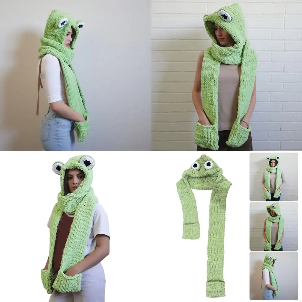 Animal Character Scarf Hat for Adults Light Green Scarf Wrap for Daily Winter Outfit Costume Styling Y08E