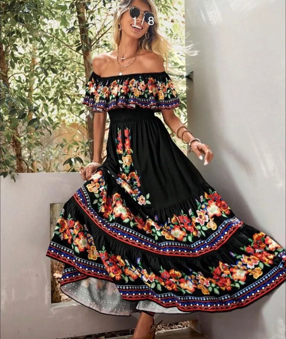 

2024 French Court Floral Print Dress Women Sling Slash Neck O Ff Shoulder Waist Lace Up Design Fashion Loose Long Dress