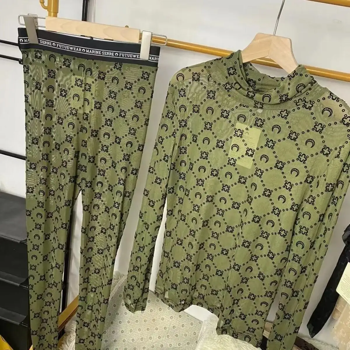 Retro Zwei Stück Set Frauen Koreanische Mode Langarm Mond Samt Gedruckt Basis Shirt Hosen Set Dünne Perspektive Spicy Girl Sexy