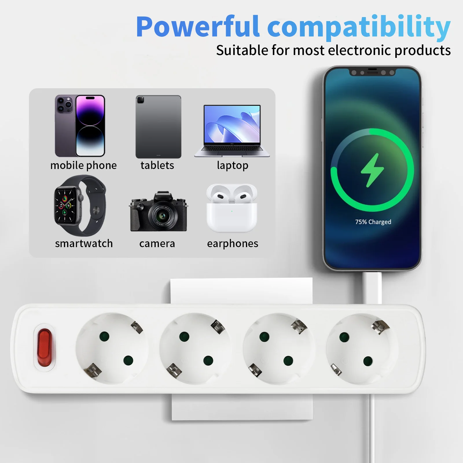 European Standard 2/3/4-Way Socket Power Converter with Standard Grounding And Safety Compact Portable for Home And Travel Use