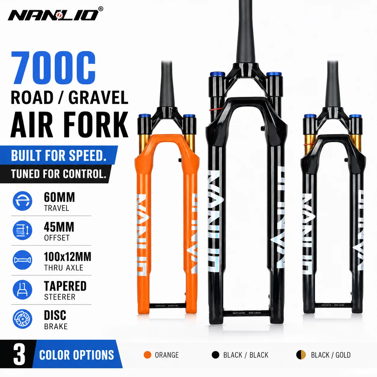 

Nanlio 700C Gravel Suspension Fork 60mm Travel 45mm Offset Air Fork Tapered Steerer 100x12mm Thru Axle Disc Brake Road Bike Fork