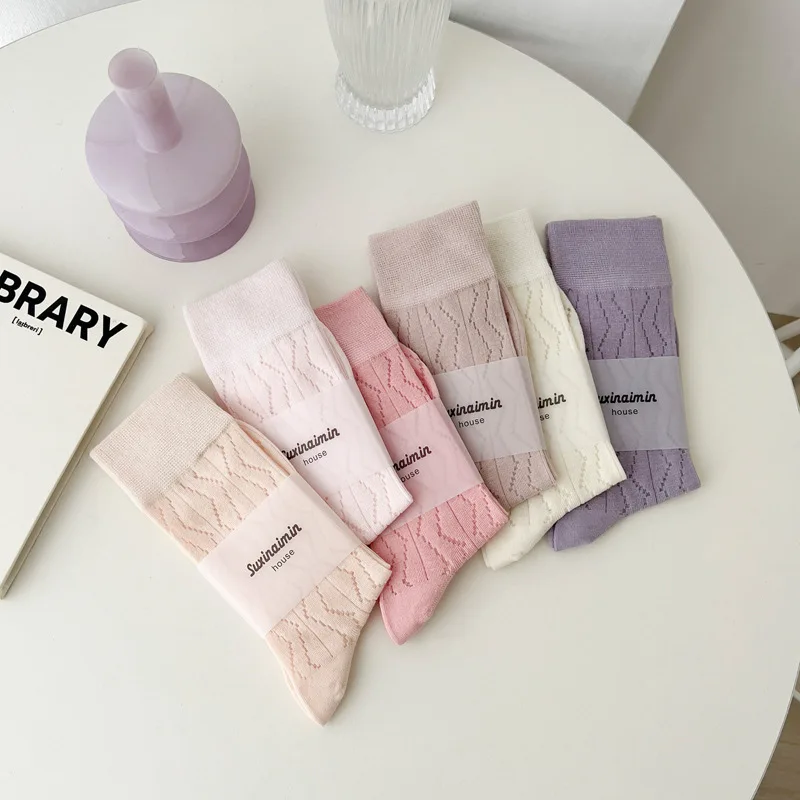 CHAOZHU Japanese Korea Women breathable Hollow rhombus fashion ins lady street snap spring summer cotton 100% socks set 2 pairs
